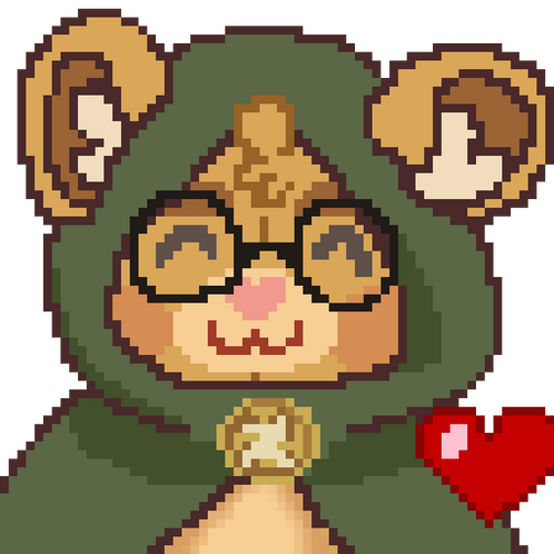 Buttons Pixel art of a yellow bear wearing round glasses and a green cloak. His bear ears poke through the hood. He has a pink heart shaped nose and he is smiling.