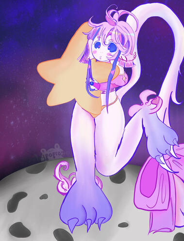 A pink dragon moonling holding a giant yellow star